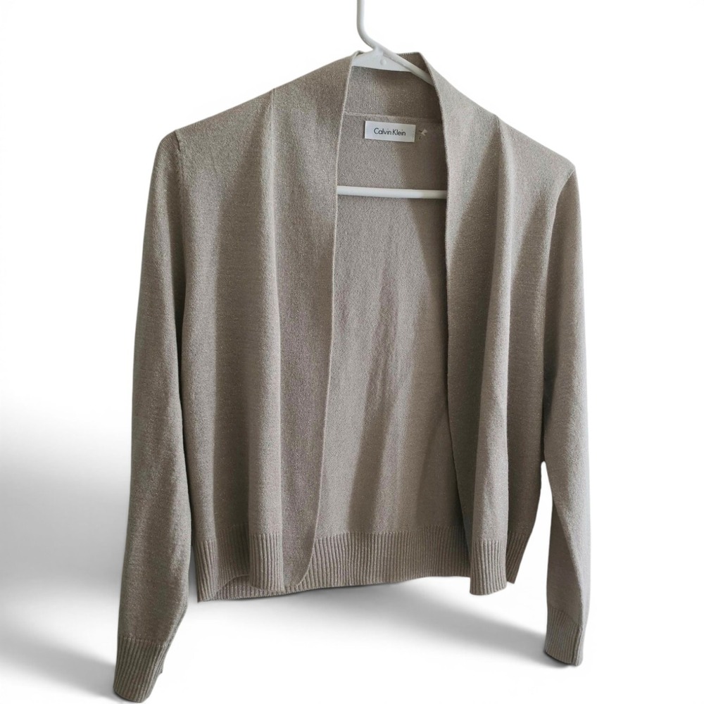 Calvin Klein 3/4 Sleeve Lurex Gold Glitter Shrug Cardigan Women's Size L